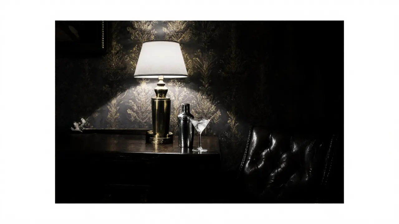 A classic martini glass and silver shaker on a dimly lit bar, evoking the timeless atmosphere of Bar Hemingway.