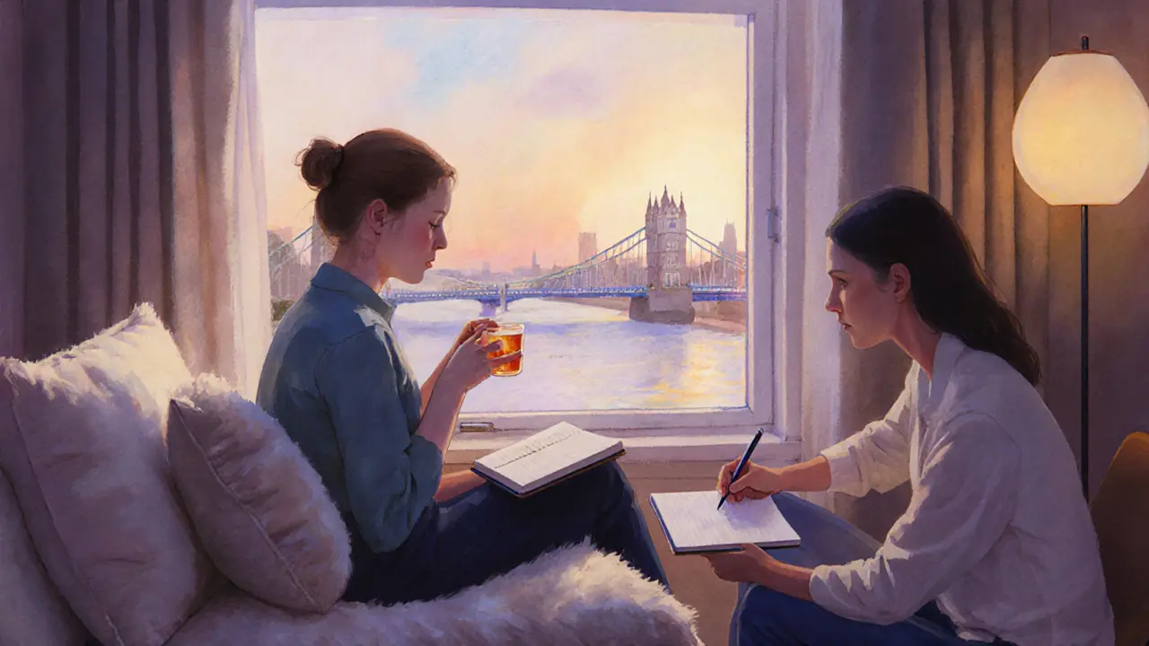 After‑session scene of a client sipping tea, journaling, and stretching by a sunrise window.