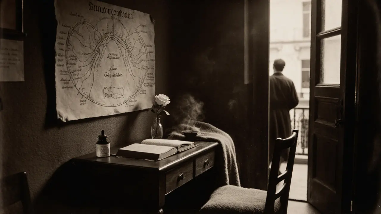 An old leather journal and oil bottle sit on a desk beside a white rose in a hidden 1920s Parisian touch atelier.