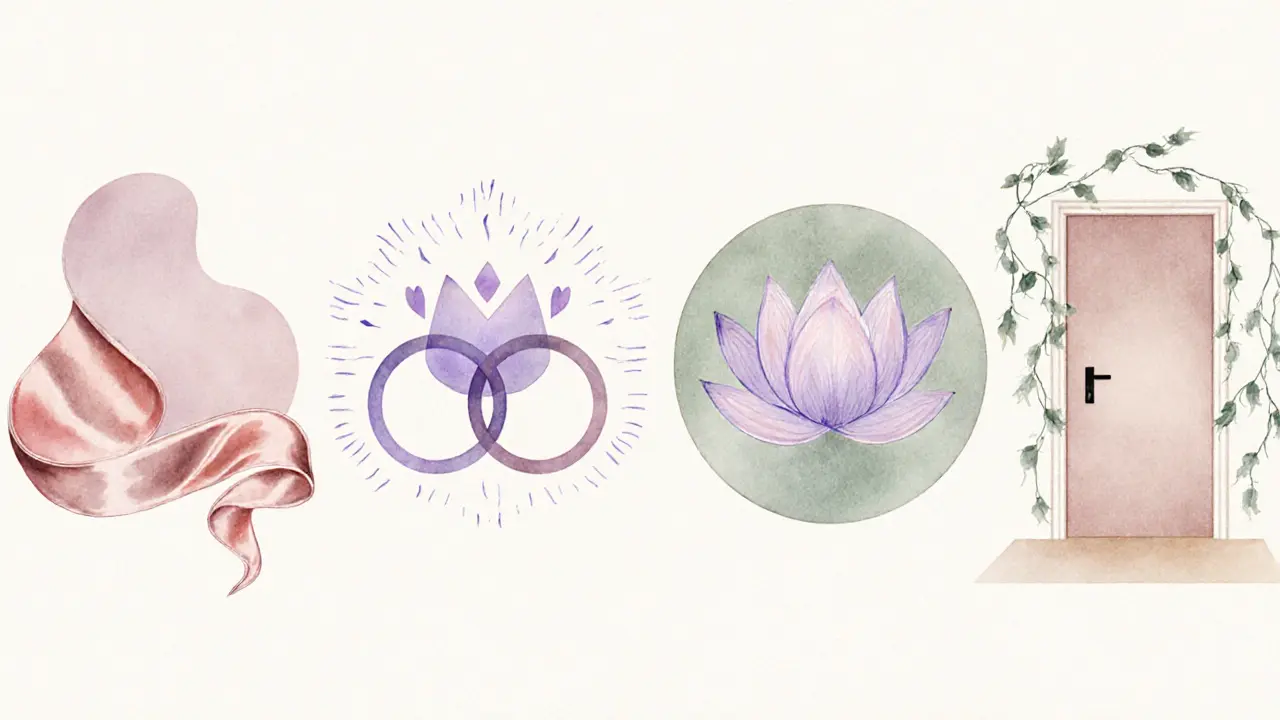 Artistic representation of four sensual massage styles using symbolic elements.