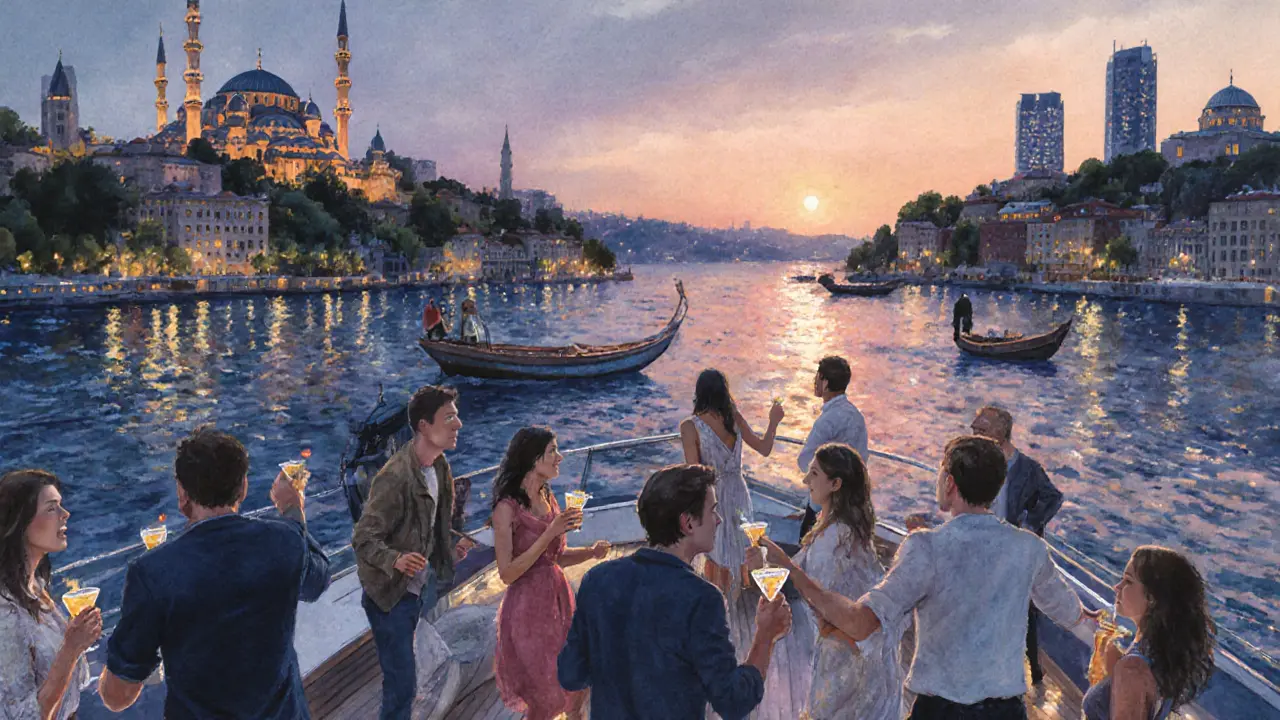 Boat party on the Bosphorus at sunrise with city lights reflecting on water and dancers on deck.