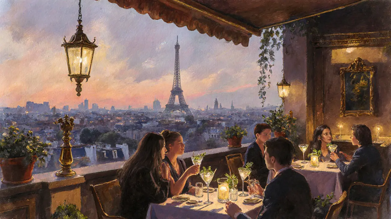 Candlelit rooftop lounge at Le Perchoir with cocktails and a view of the Paris skyline at dusk.