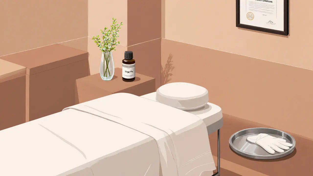 Clean spa treatment room with linens, essential oil bottle, gloves, and a compliance certificate on the wall.