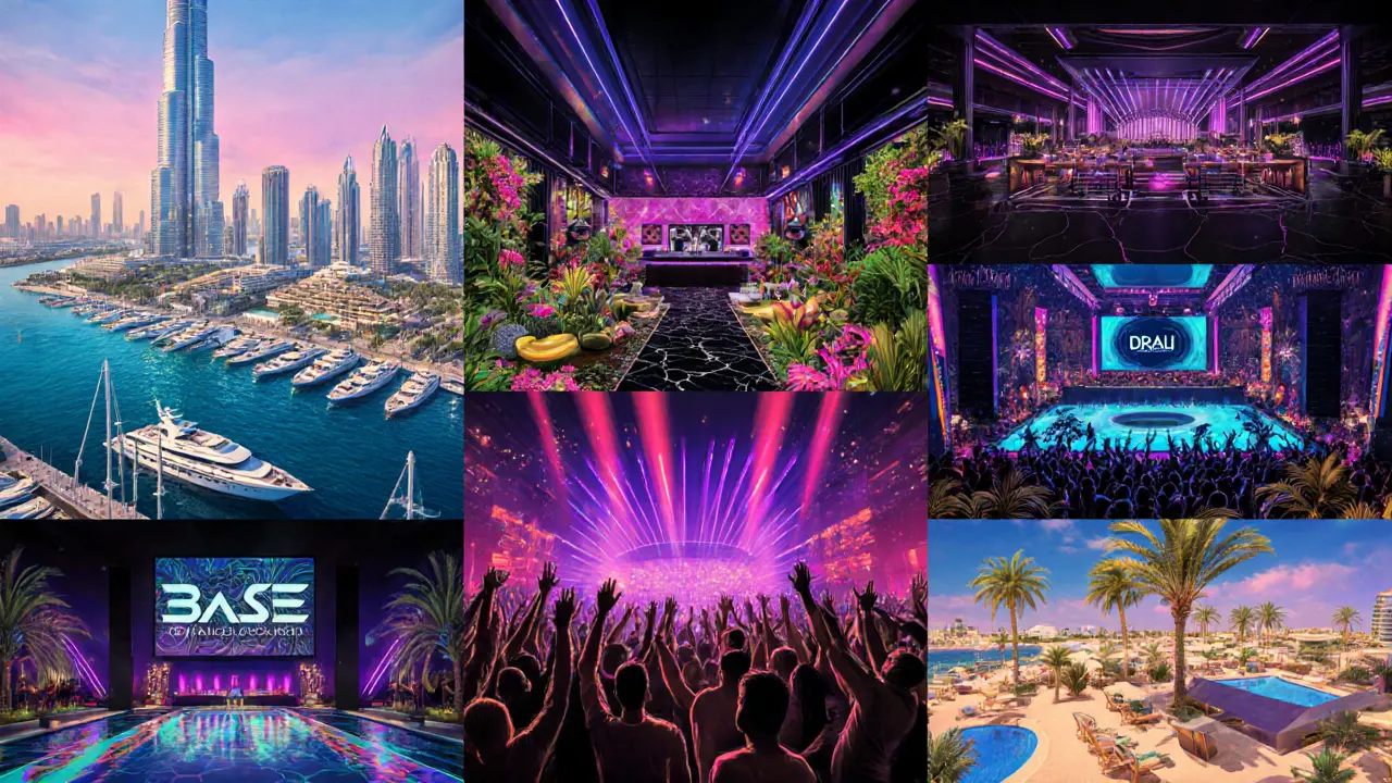 Collage of Dubai nightclubs showing rooftops, garden lounge, sleek interior, festival stage, opulent décor, beach club, and rooftop lounge.
