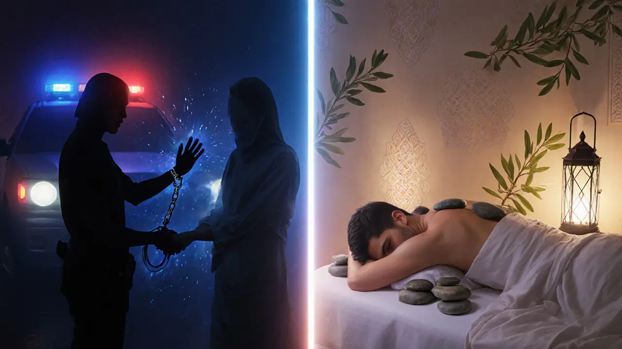 Conceptual split image showing legal relaxation on one side and illegal behavior with police lights on the other in Abu Dhabi.