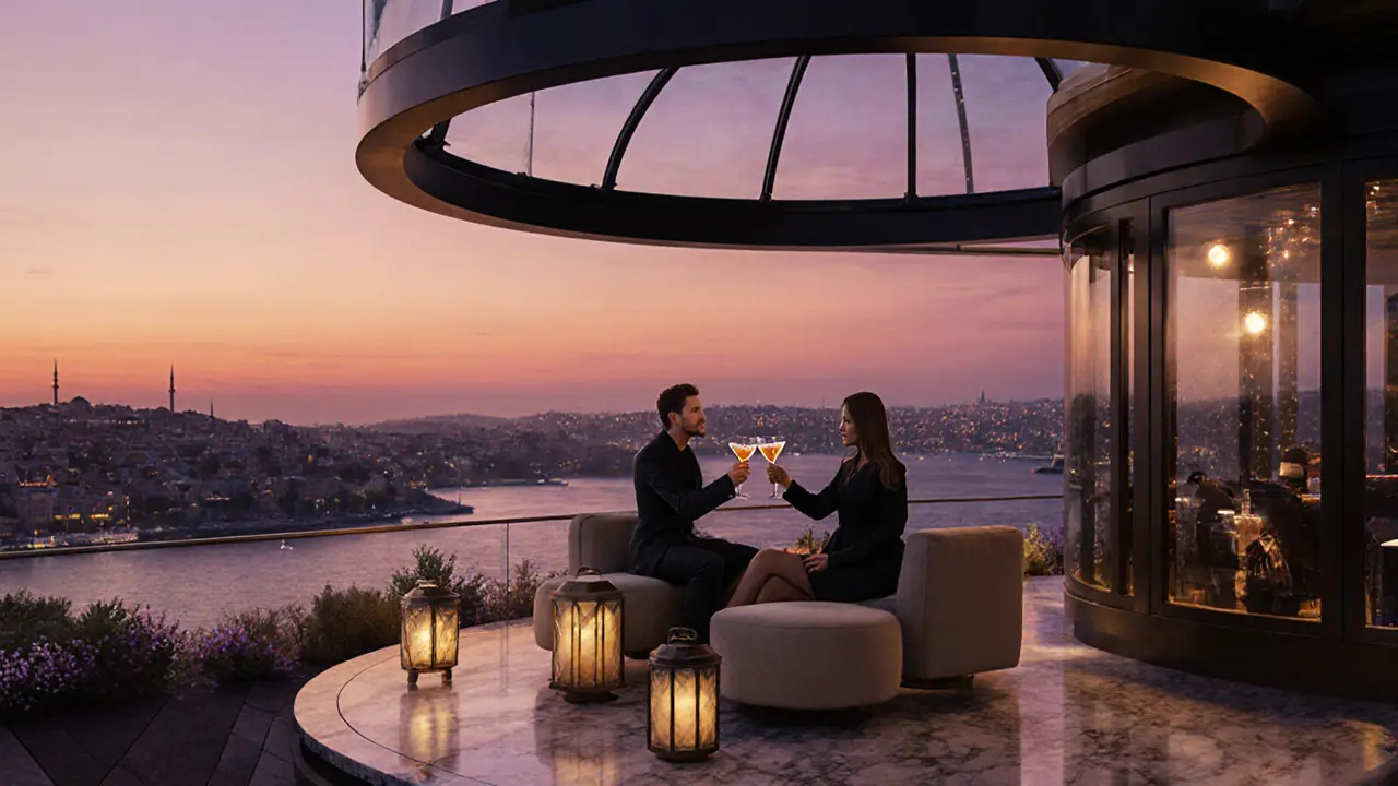 Couple enjoying cocktails on a rooftop bar with sunset over the Bosphorus.