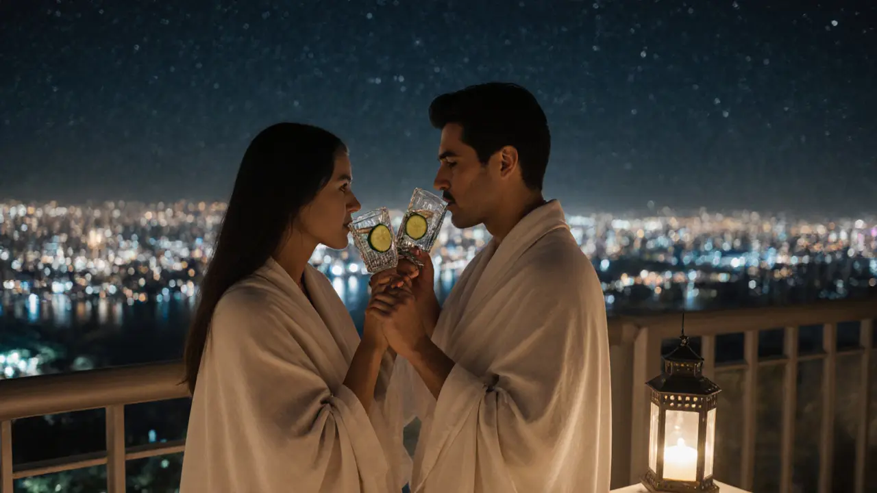 Couple on balcony sipping water, holding hands, under night lights.