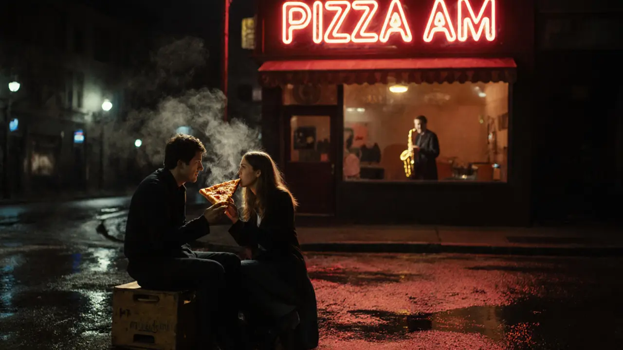 Couple sharing pizza under a neon sign outside Pizza AM late at night.
