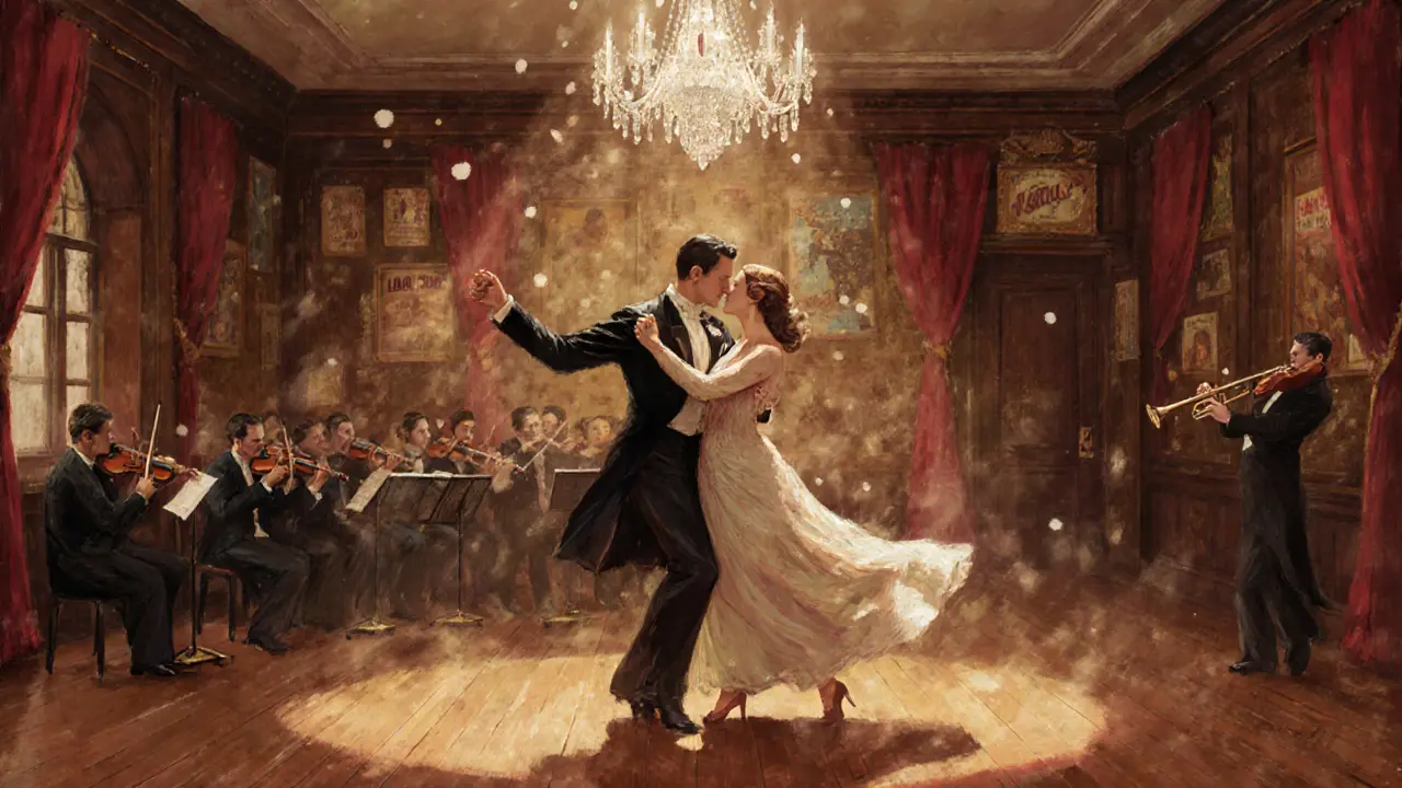 Couples dancing in a vintage Parisian hall under a chandelier, walls marked by decades of footsteps.