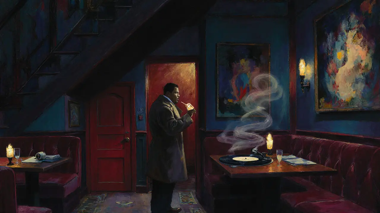 Cozy hidden bar in Brera with velvet booths, jazz records, and dim candlelight casting moody shadows.