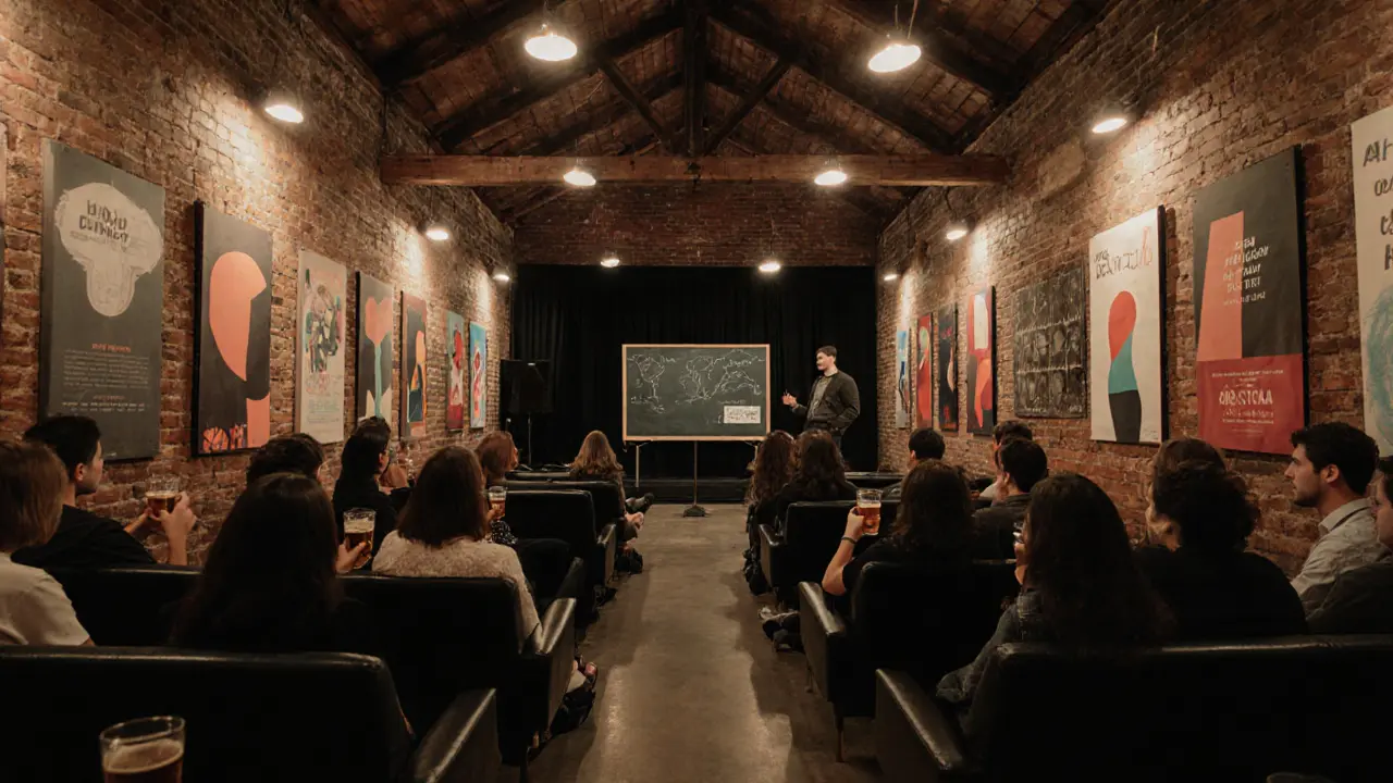 Cozy warehouse cinema club with art‑house posters, sofas, and an audience discussing a film.