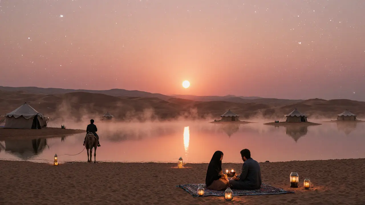 Desert lake reflecting a vibrant sunset with lantern-lit tents and a camel rider in silhouette.