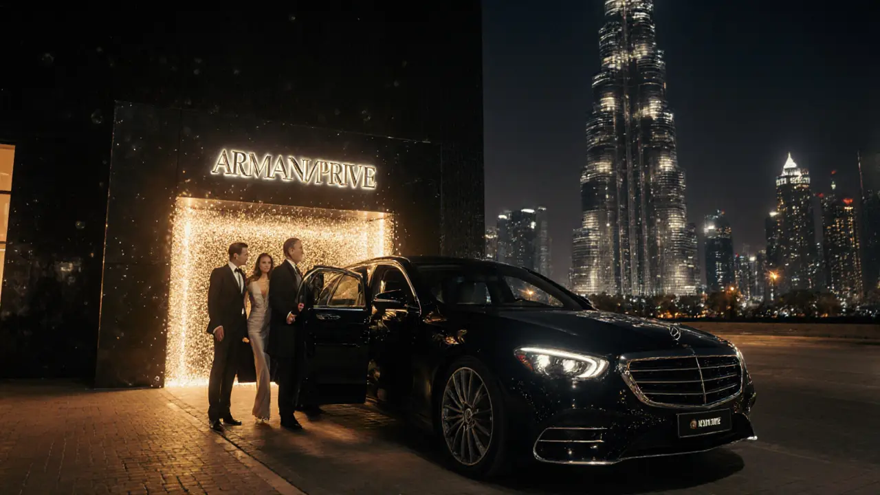Elegant couple stepping out of a black car at Armani/Privé entrance with city lights.