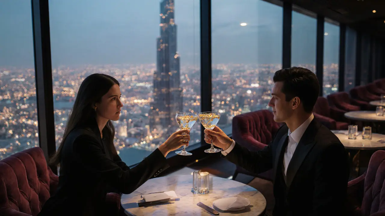 Elegant interior of At.mosphere with a couple toasting the Skyline Sparkle cocktail.