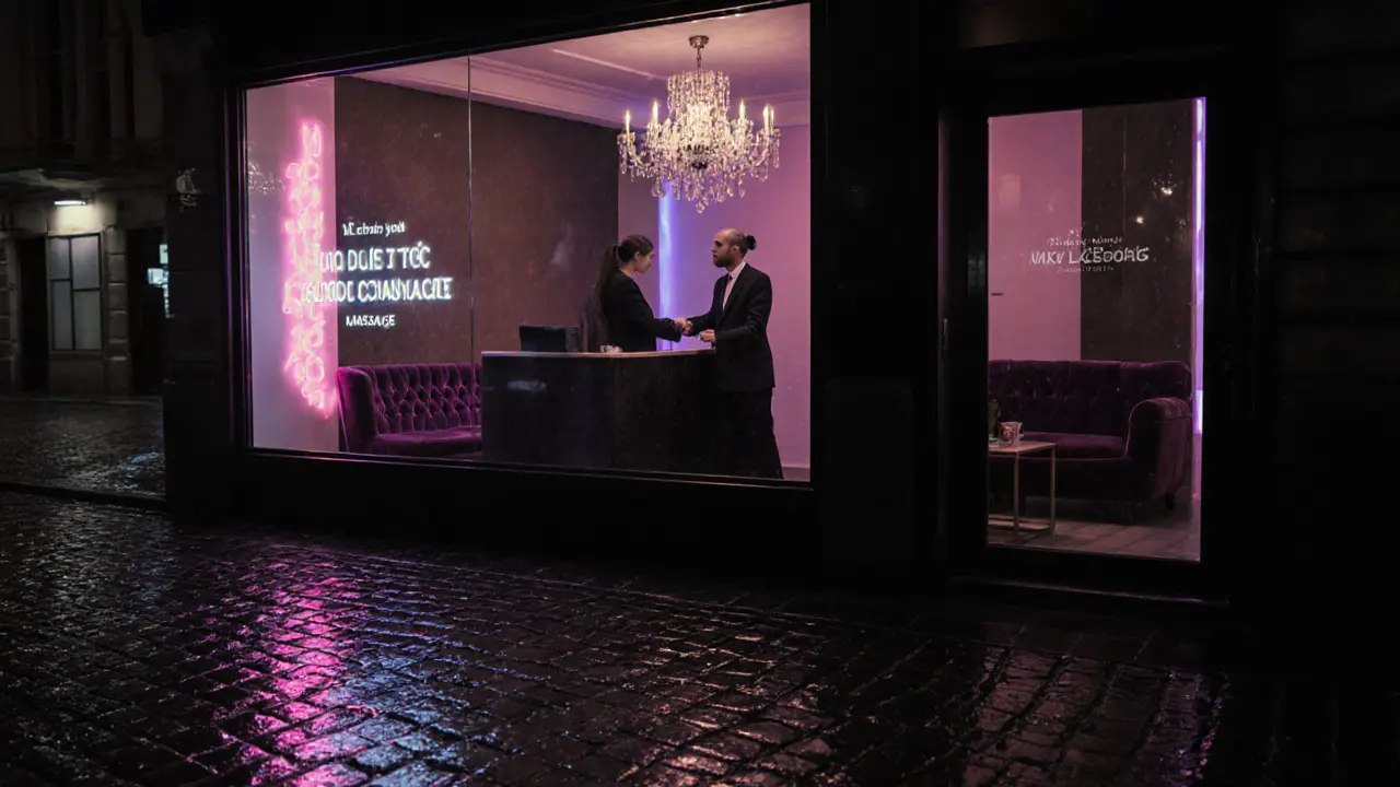 Evening view of a luxury Berlin massage venue entrance with neon lighting and a glimpse of an elegant interior.