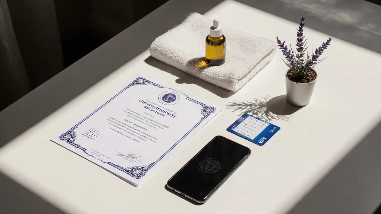 Flat lay of licensing certificate, payment card, calendar reminder, and soothing aftercare items.
