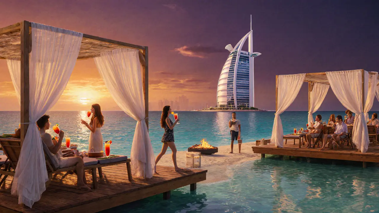 Guests sipping colorful cocktails on wooden decks by the sea as the sun sets behind distant skyscrapers.