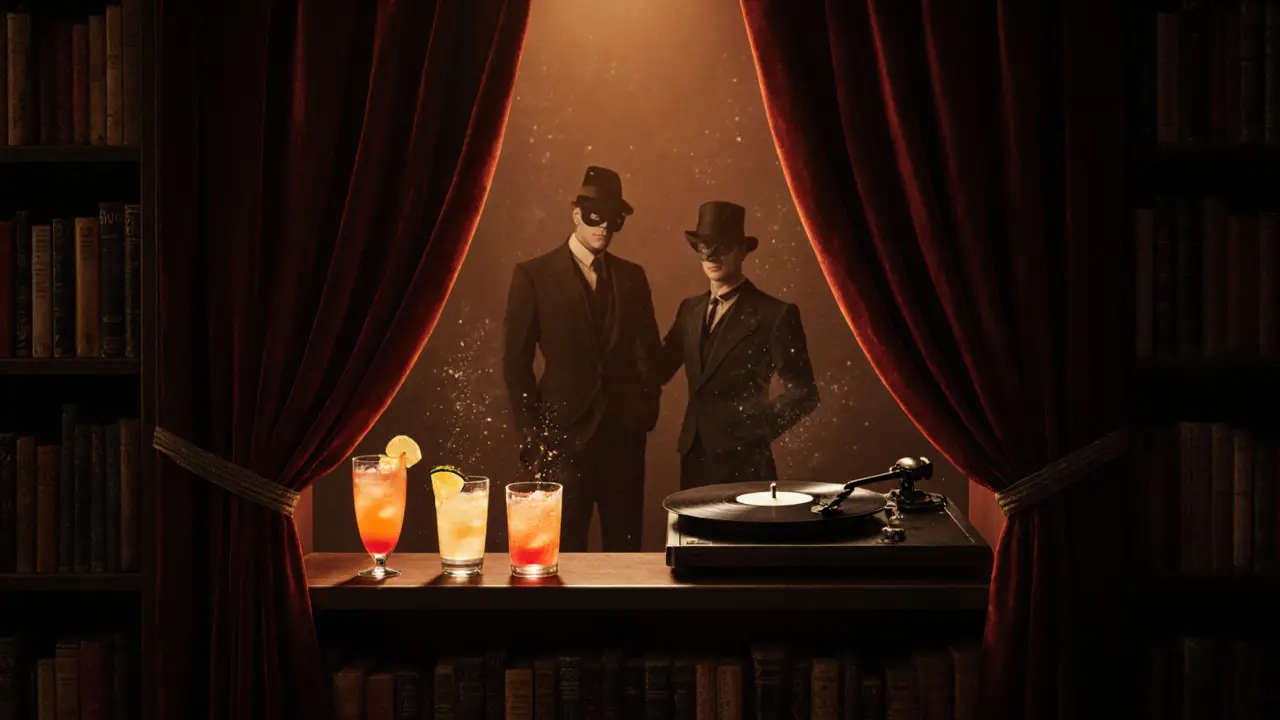 Hidden speakeasy bar behind a bookshelf with glowing cocktails and vintage ambiance in Paris.