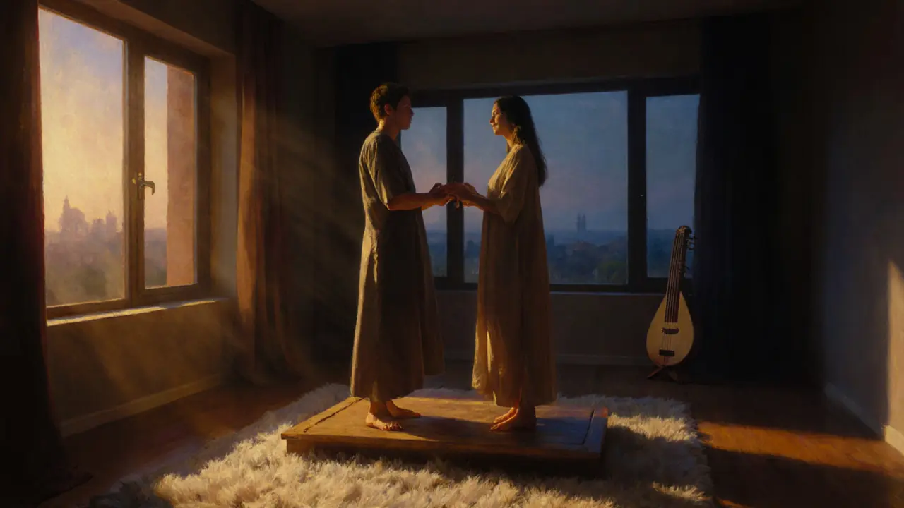 Home bedroom scene of a couple practicing a breath‑linked sensual massage, warm lighting.