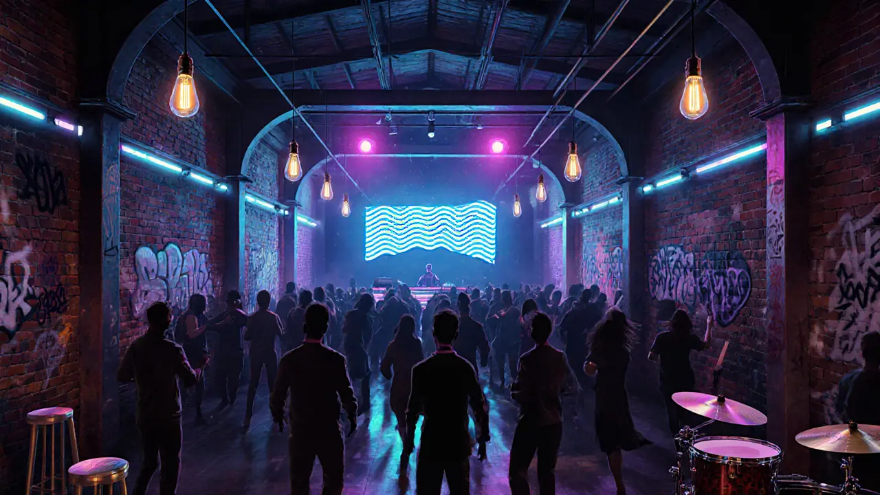 Industrial nightclub Indigo interior with neon lighting, dancing crowd, and DJ booth.