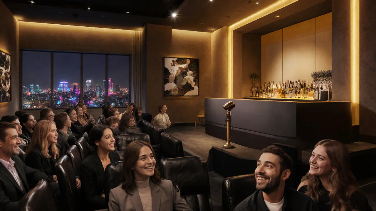 Interior of The Laughter Lounge with audience laughing on stage.