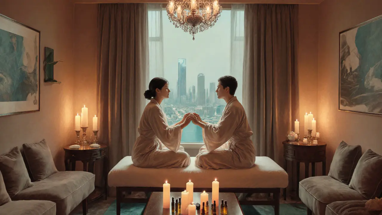 Intimate spa suite with dim candles, a couple in robes holding hands on a massage table.