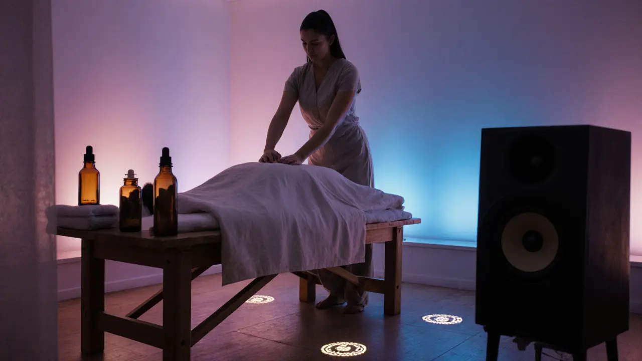 Intimate studio interior with soft lighting, aromatic oils, and a practitioner performing a gentle Tantric massage.