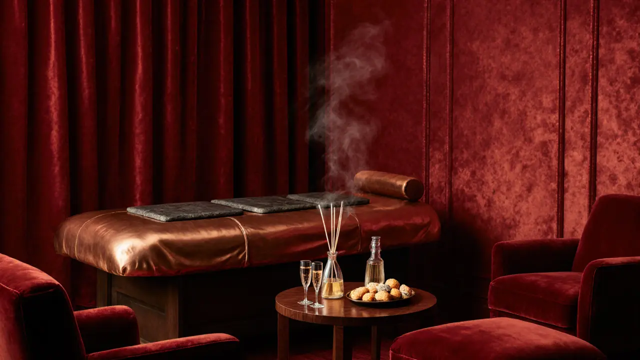 Luxurious spa interior with scarlet velvet, copper table, champagne glasses and soft lighting.