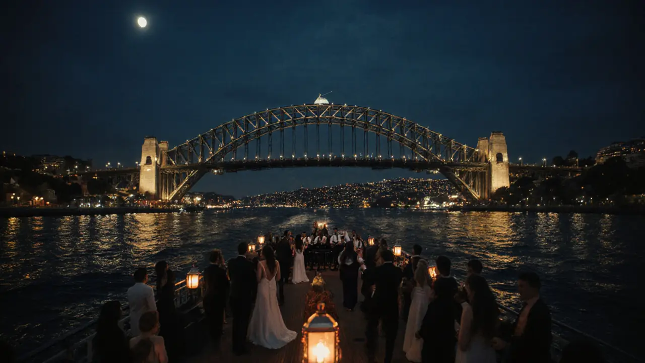 Nighttime Bosphorus cruise under illuminated bridge with couples, lanterns, and city reflections.