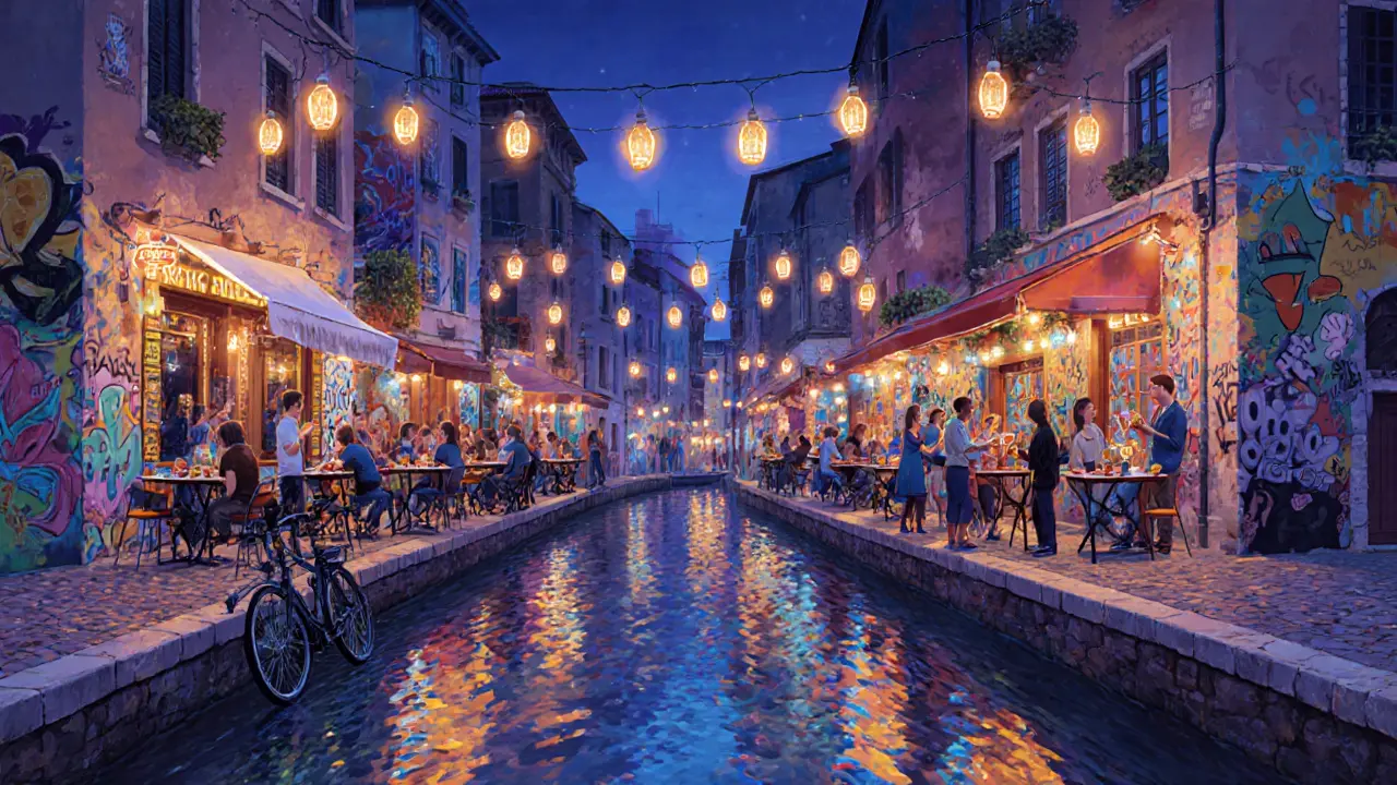 Nighttime canal in Navigli with illuminated bars, reflections on water, and street art.