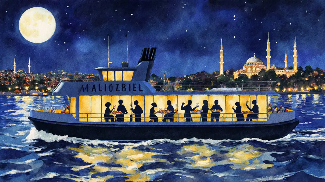 Nighttime ferry on the Bosphorus with passengers holding drinks under city lights.