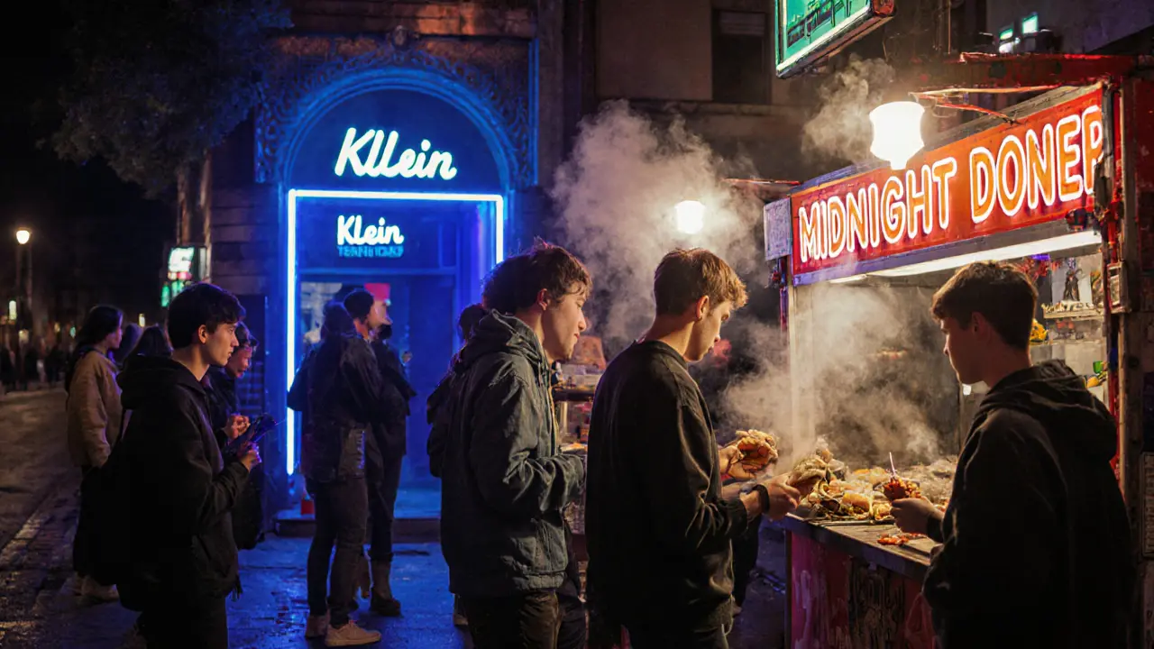 Nighttime street food stall in Kadıköy serving döner near a techno club.