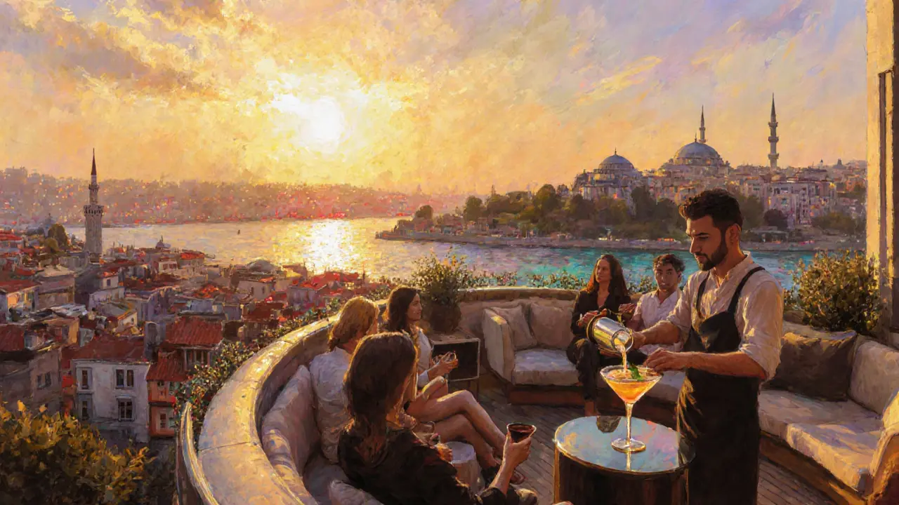 Oil painting of 360 Istanbul rooftop bar at sunset with city lights and patrons enjoying cocktails.