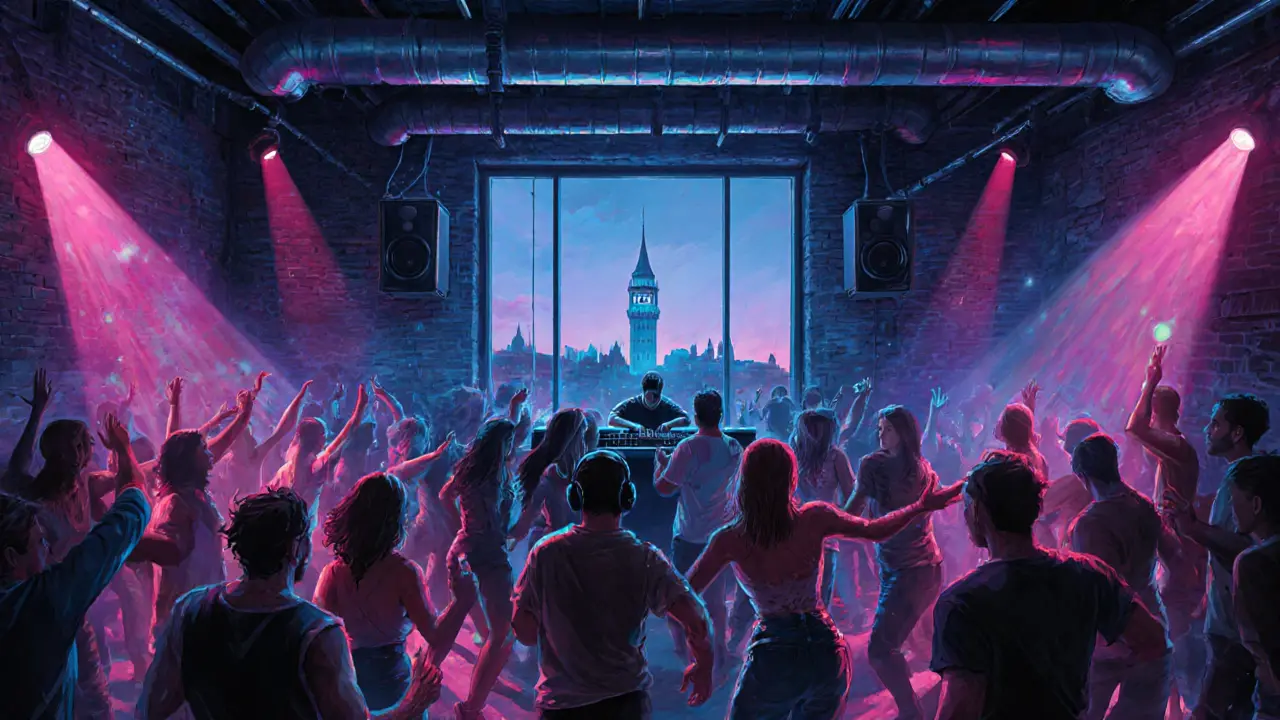 People dancing in an industrial warehouse club in Karaköy with pulsing lights and bass vibrations.