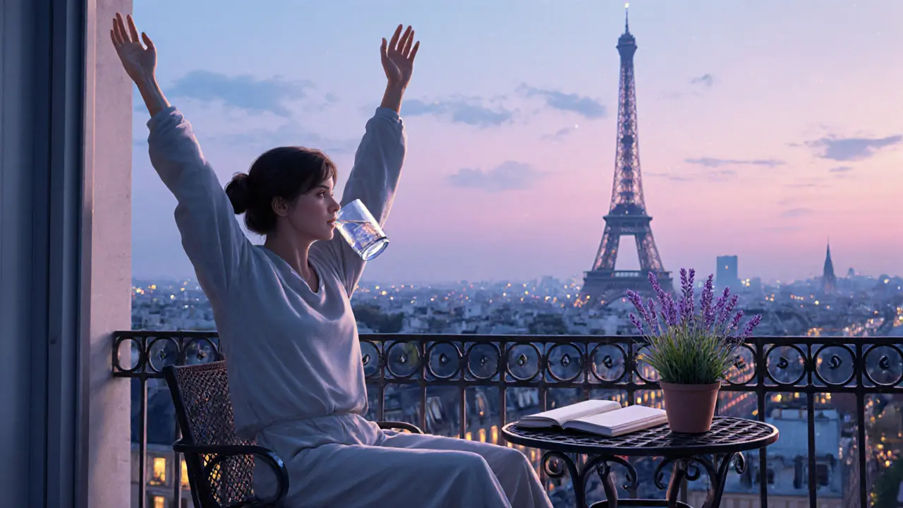 Person stretching on a balcony at twilight, sipping water with a journal nearby.