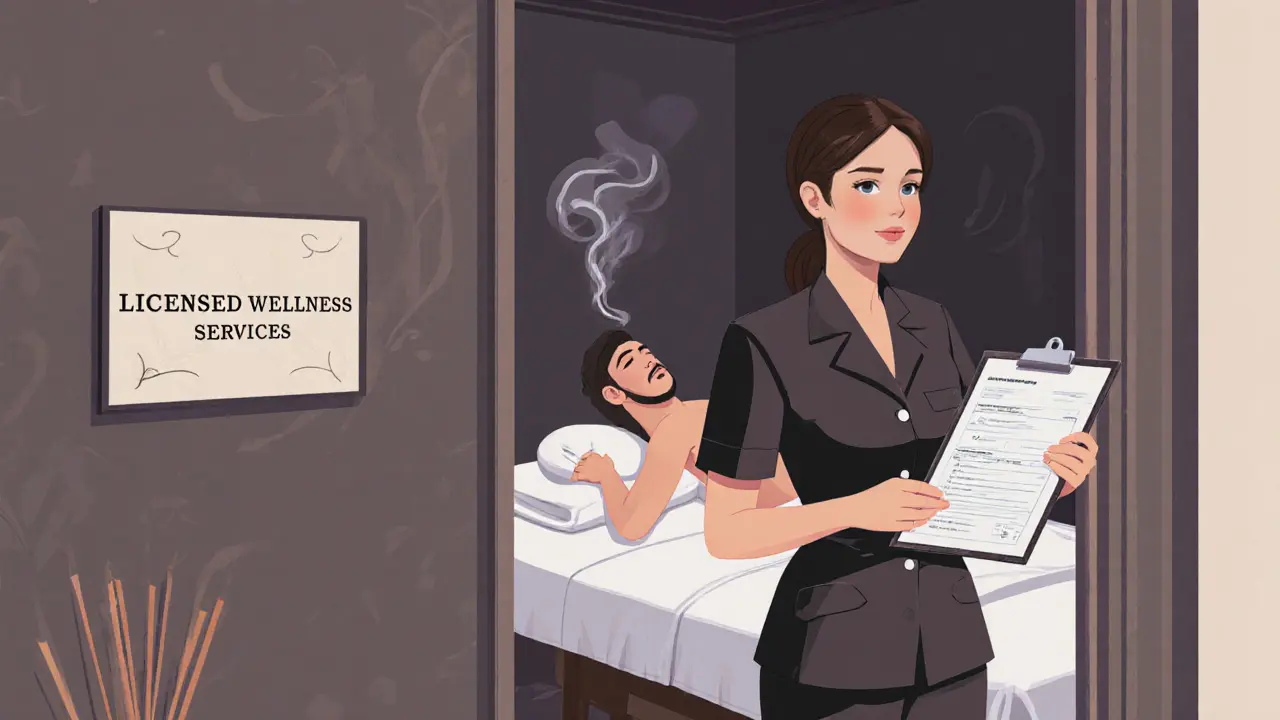 Professional therapist holding a health form at the entrance of a licensed spa in Abu Dhabi, emphasizing legality and boundaries.