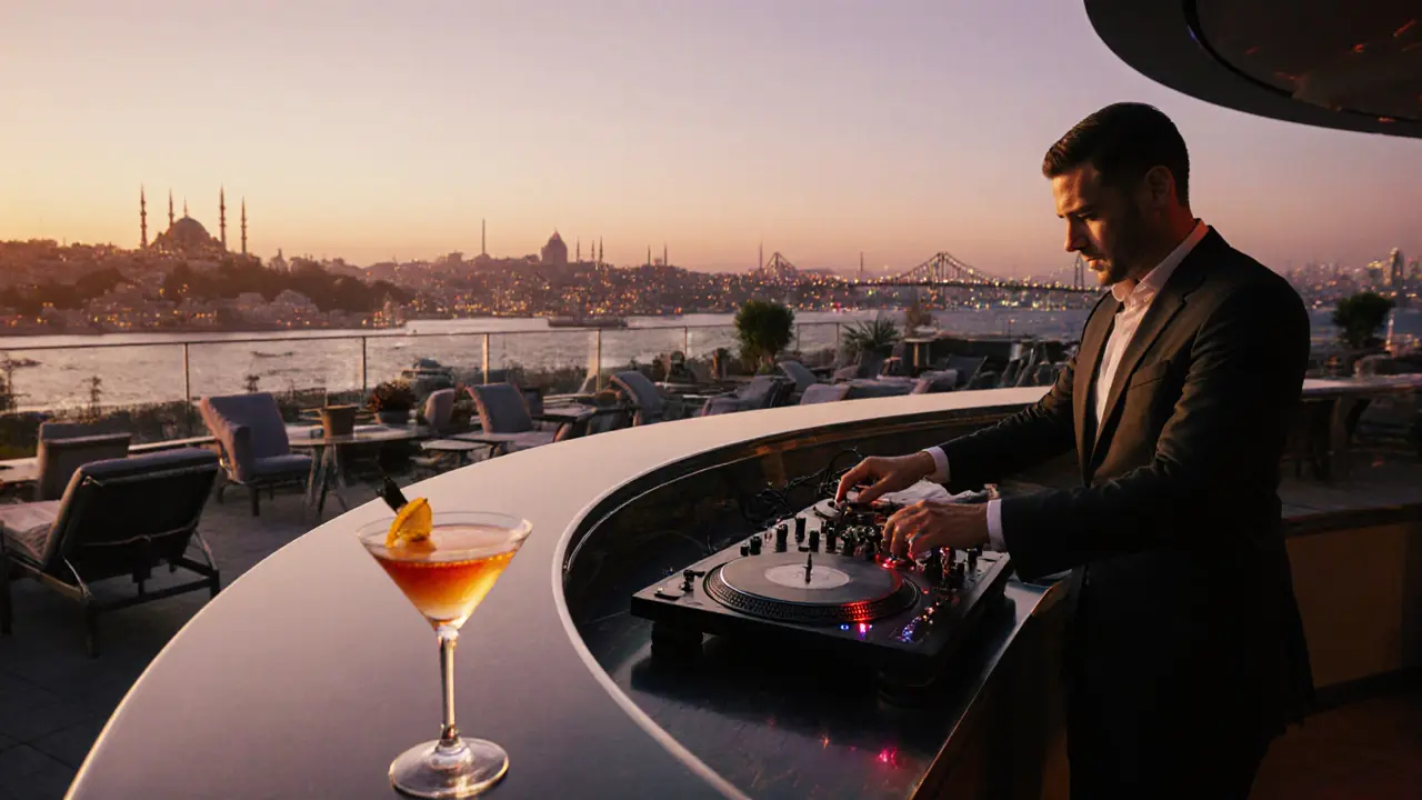 Rooftop bar 360 Istanbul at sunset with DJ deck, cocktail glass, and panoramic city view.