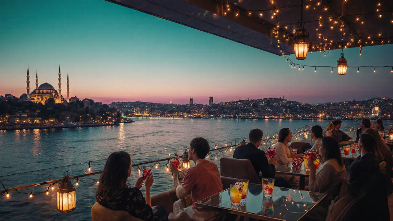 Rooftop bar in Karaköy at sunset showing city skyline and guests with cocktails.
