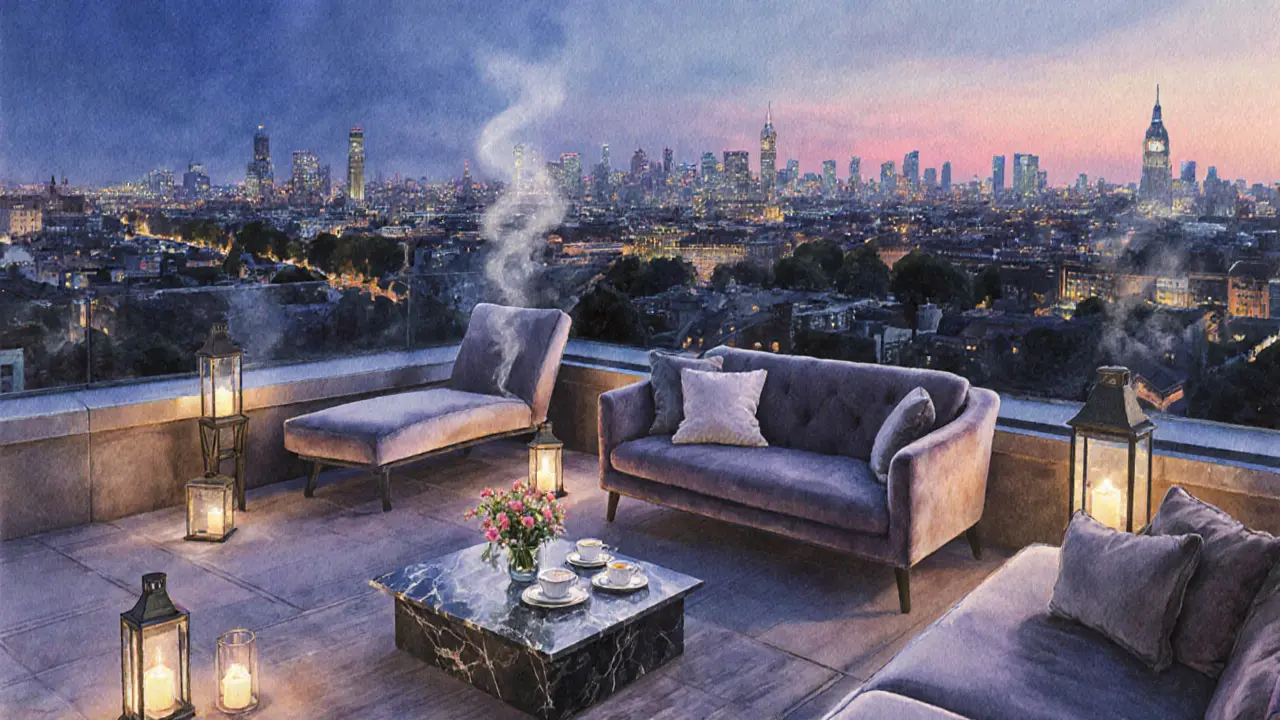 Rooftop terrace lounge at dusk, overlooking London, with plush seating and a tea set.