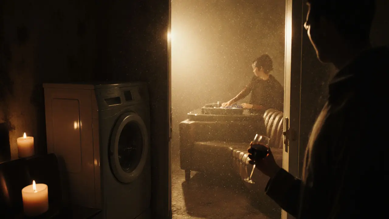 Secret speakeasy behind a laundry machine, candlelit room with leather sofas and 80s vinyl spinning.