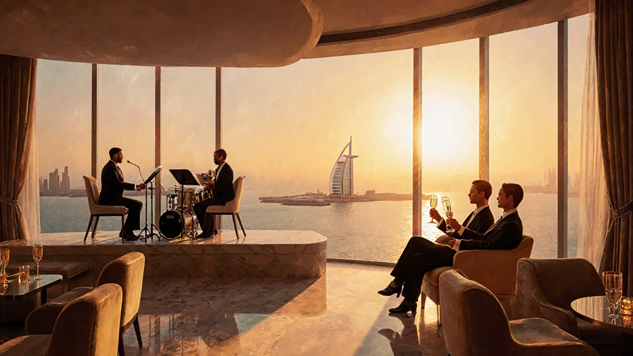 Sky Lounge at Burj Al Arab with sunset view, jazz band, and champagne toast.