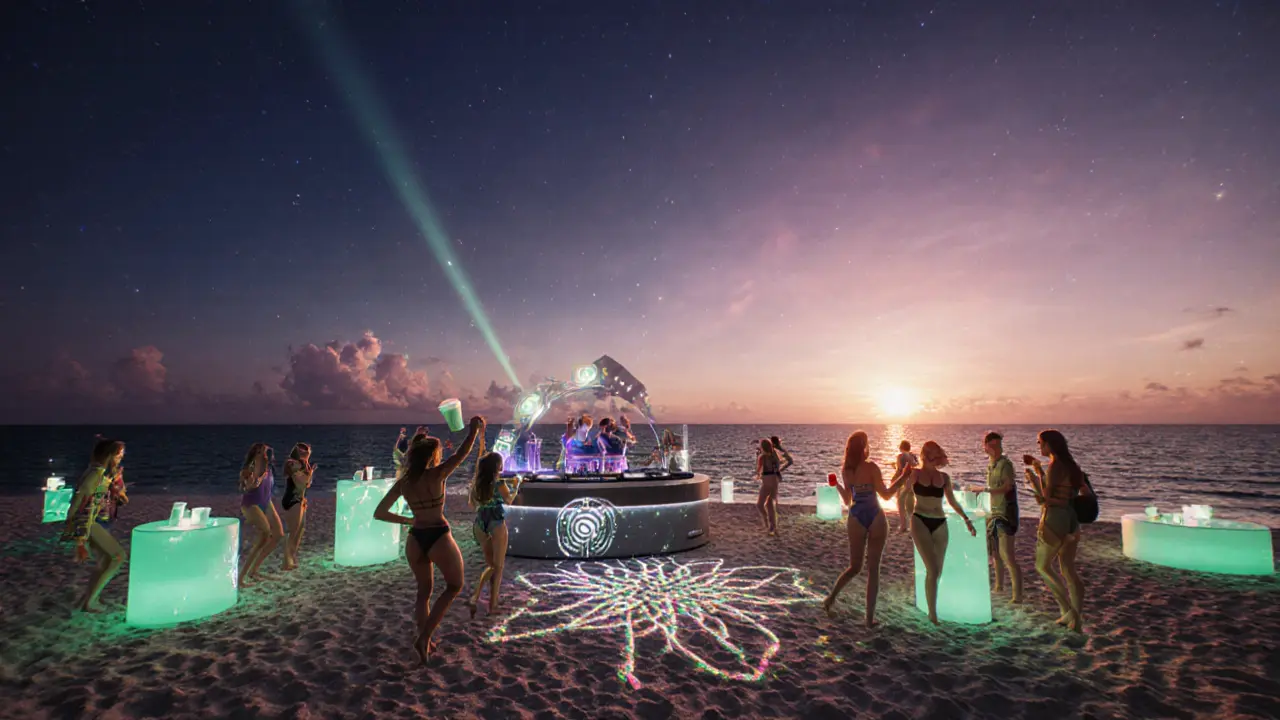 Sunrise beach party at Zero Gravity with DJ booth, neon lights, and dancers on sand.
