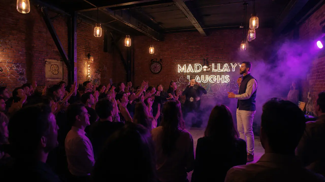 The Mad Man’s industrial comedy club during a late‑night show.