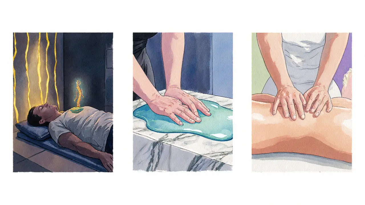 Three watercolor panels showing Tantra breathing, Nuru sliding gel, and Sensual Swedish massage techniques.