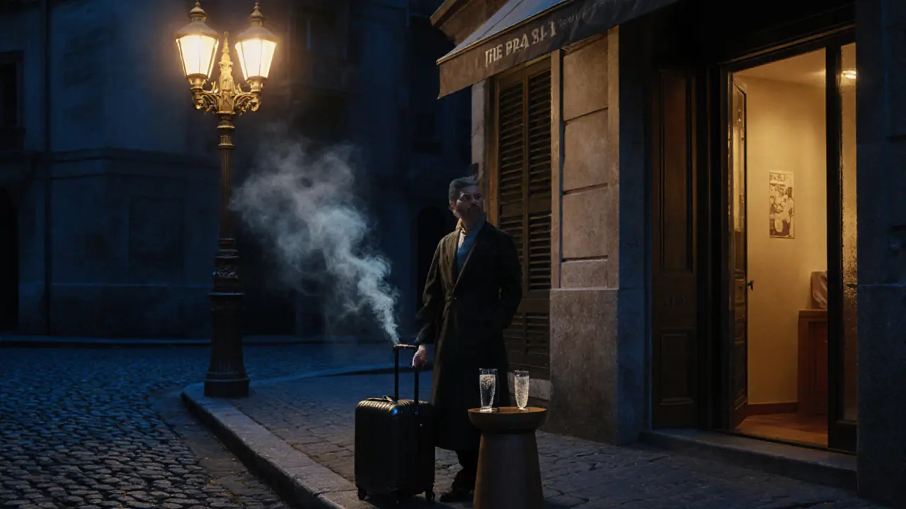Traveler with suitcase standing beside a spa entrance, under streetlamp, holding a glass of sparkling water.