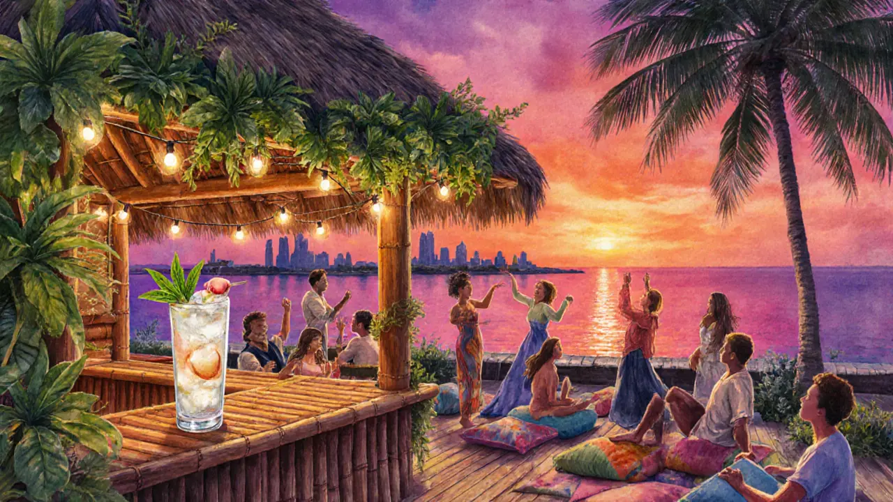 Treehouse rooftop sunset scene with tropical decor, friends, and Palm Paradise drinks.