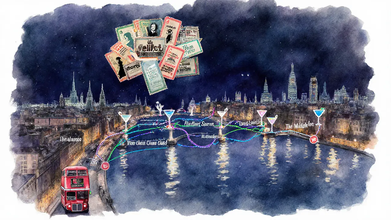 Watercolor night map of London showing film‑themed bars, cocktail glasses, and transport routes.