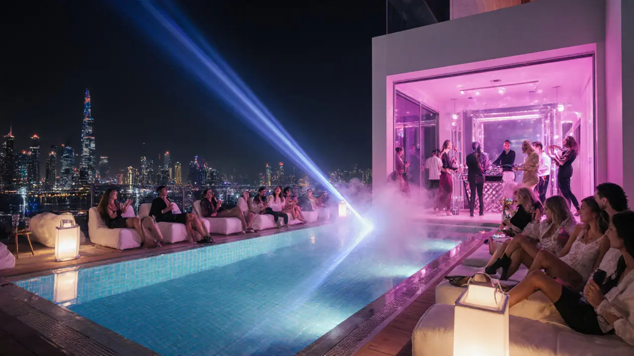 White Dubai pool party with laser lights, DJ, and stylish guests beside the illuminated pool.
