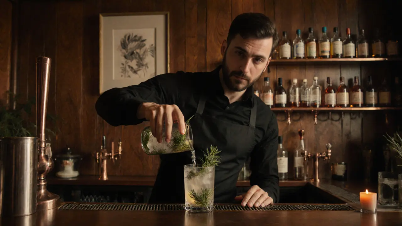 A bartender preparing a non-alcoholic herbal cocktail in a warm, candlelit speakeasy.