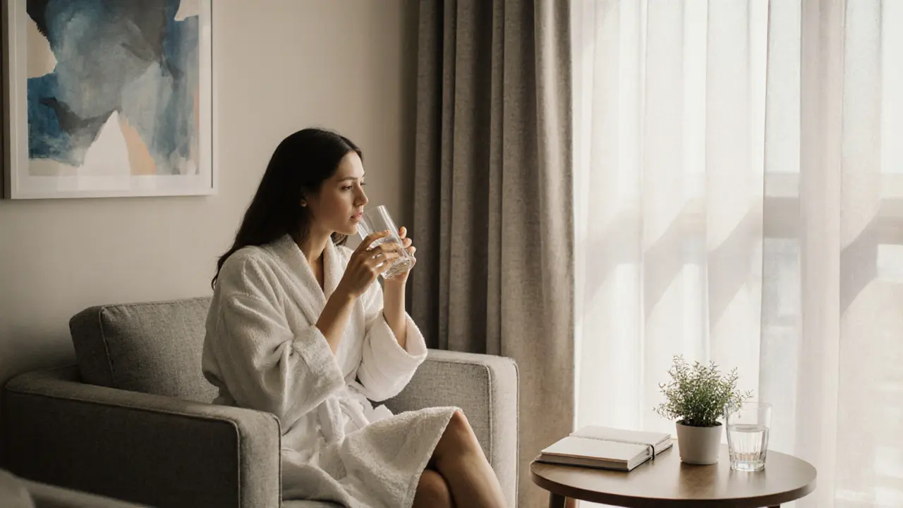 A client sitting alone in a quiet lounge after a session, wrapped in a robe, drinking water with natural light and calm surroundings.